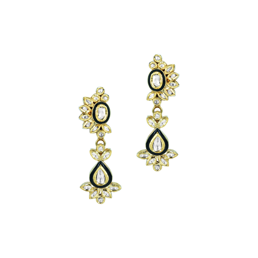 Polki Earrings with Black Meena and Teardrop Polki